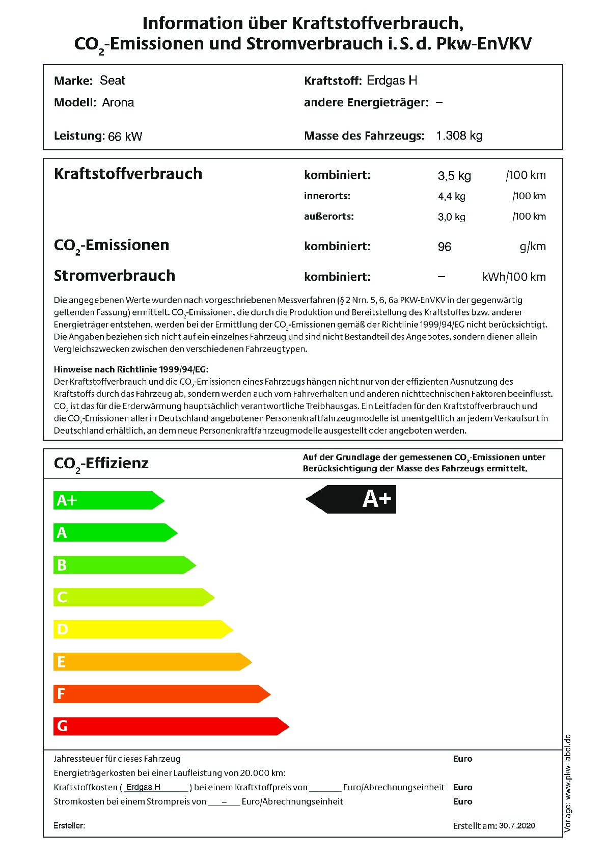 Energielabel 1,0 TGI (CNG)