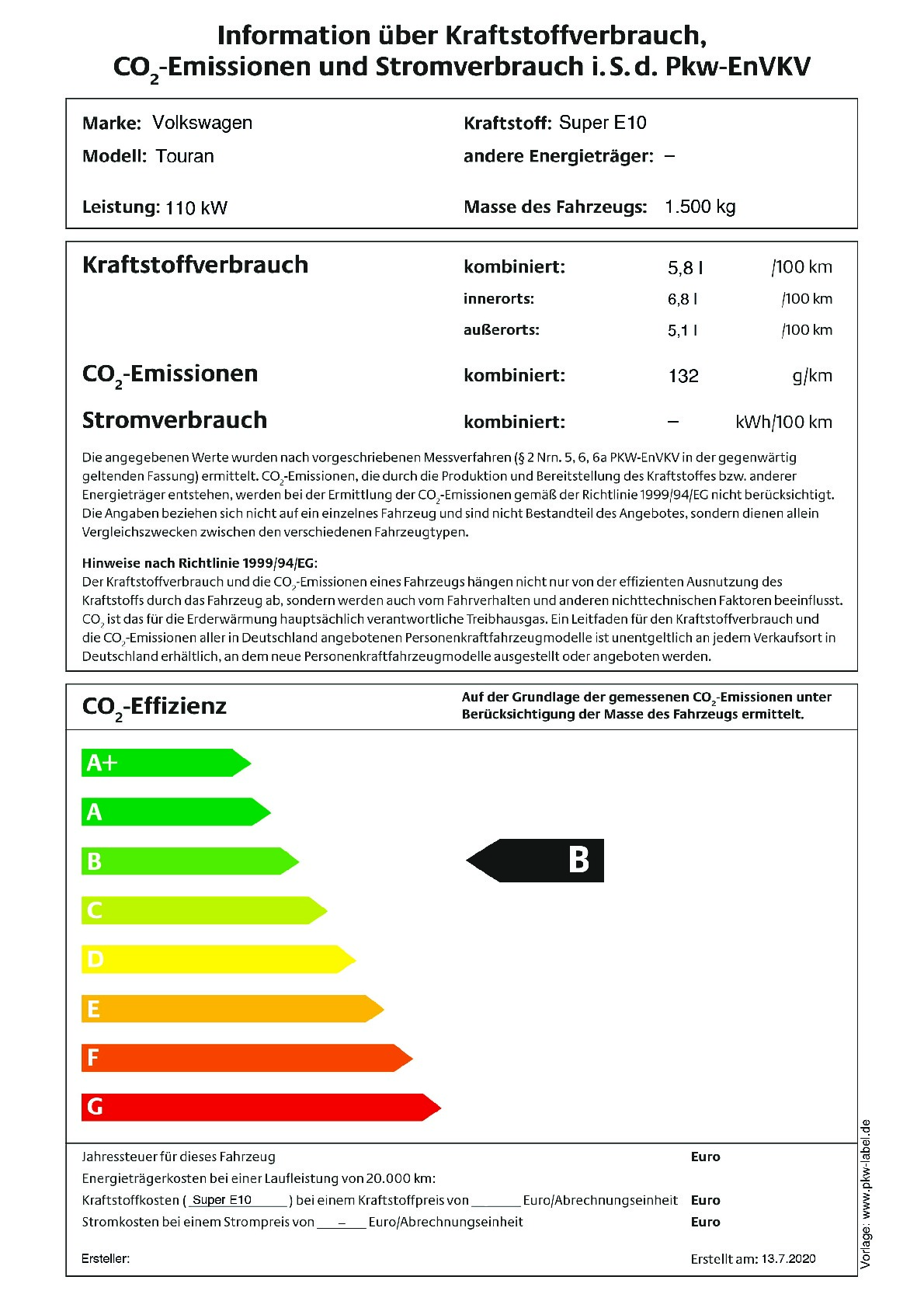Energielabel 1,5 TSI EVO