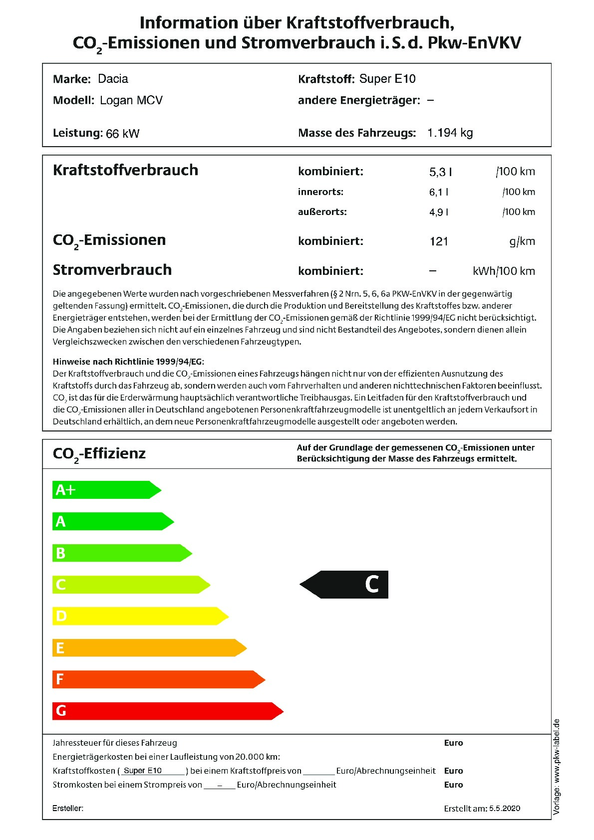 Energielabel TCe 90 Easy-R (Nur als Lagerwagen)